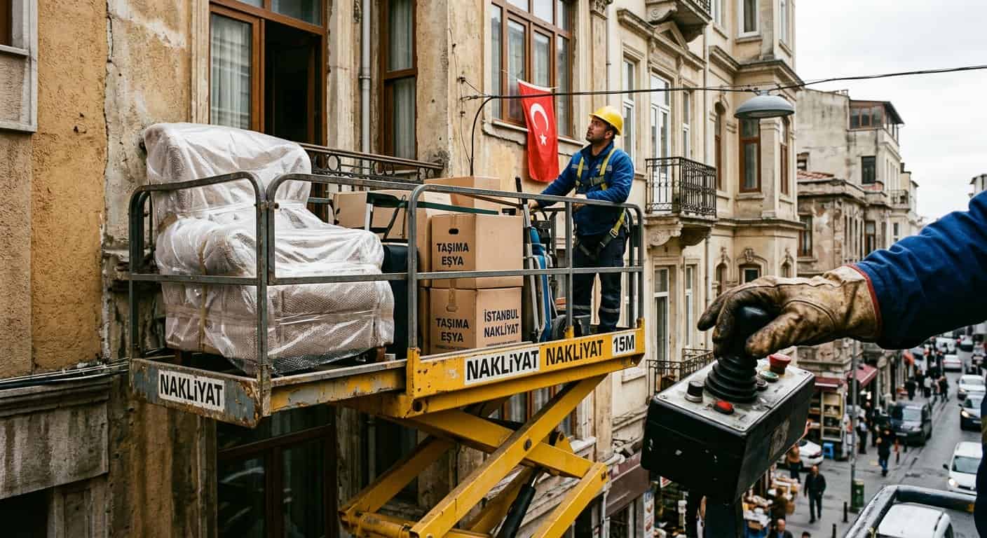 Çerkezköy Evden Eve Nakliyat kapsamında ambalajli beyaz esyanin kaldirma platformuna alinmasi