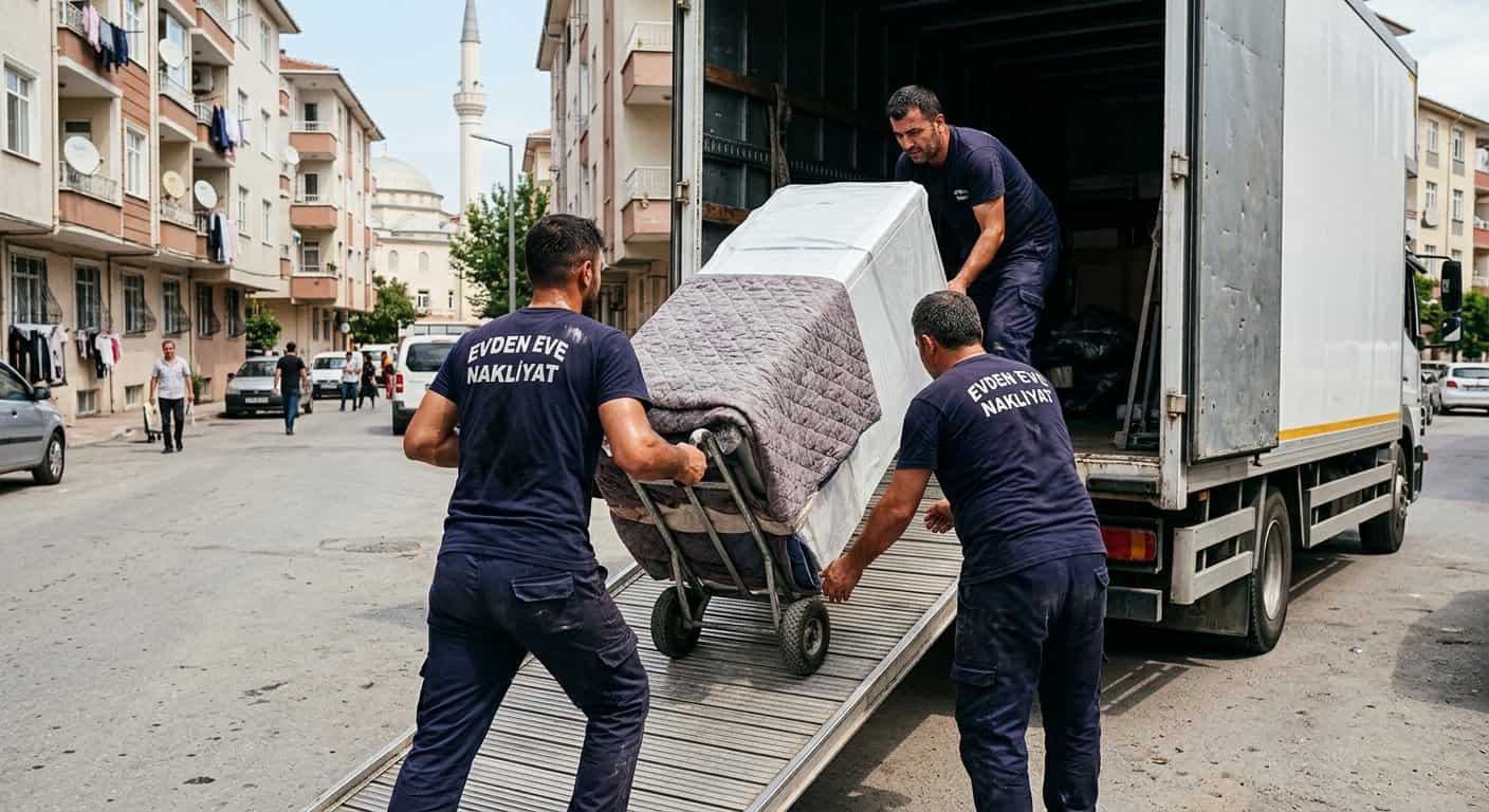 Asansörlü Nakliyat kapsamında ambalajli mobilyanin tasima arabasiyla araca alinmasi