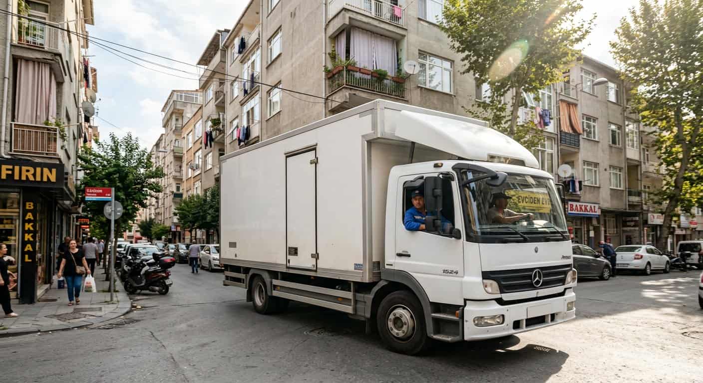 Eşya Paketleme kapsamında apartman onunde sehir ici nakliye kamyonu