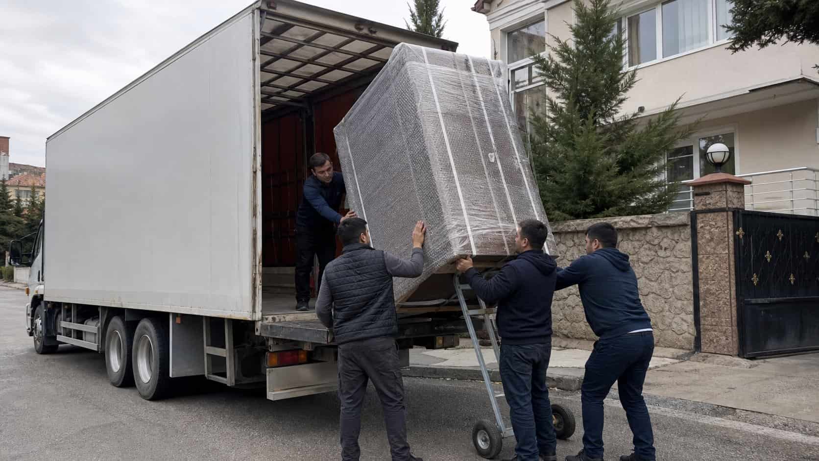 Ergene Evden Eve Nakliyat kapsamında hacimli esyanin uzun yol kamyonuna yuklenmesi
