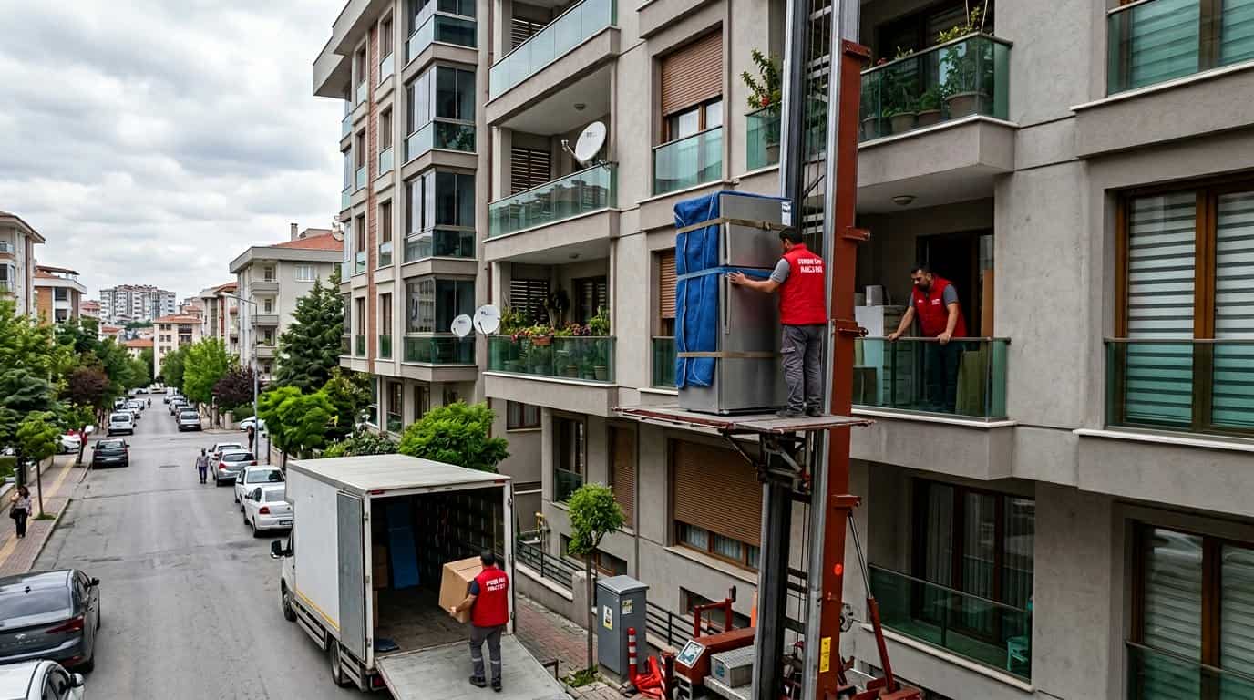 Piyano Taşıma kapsamında kirmizi dikey platformla kat arasi esya sevki
