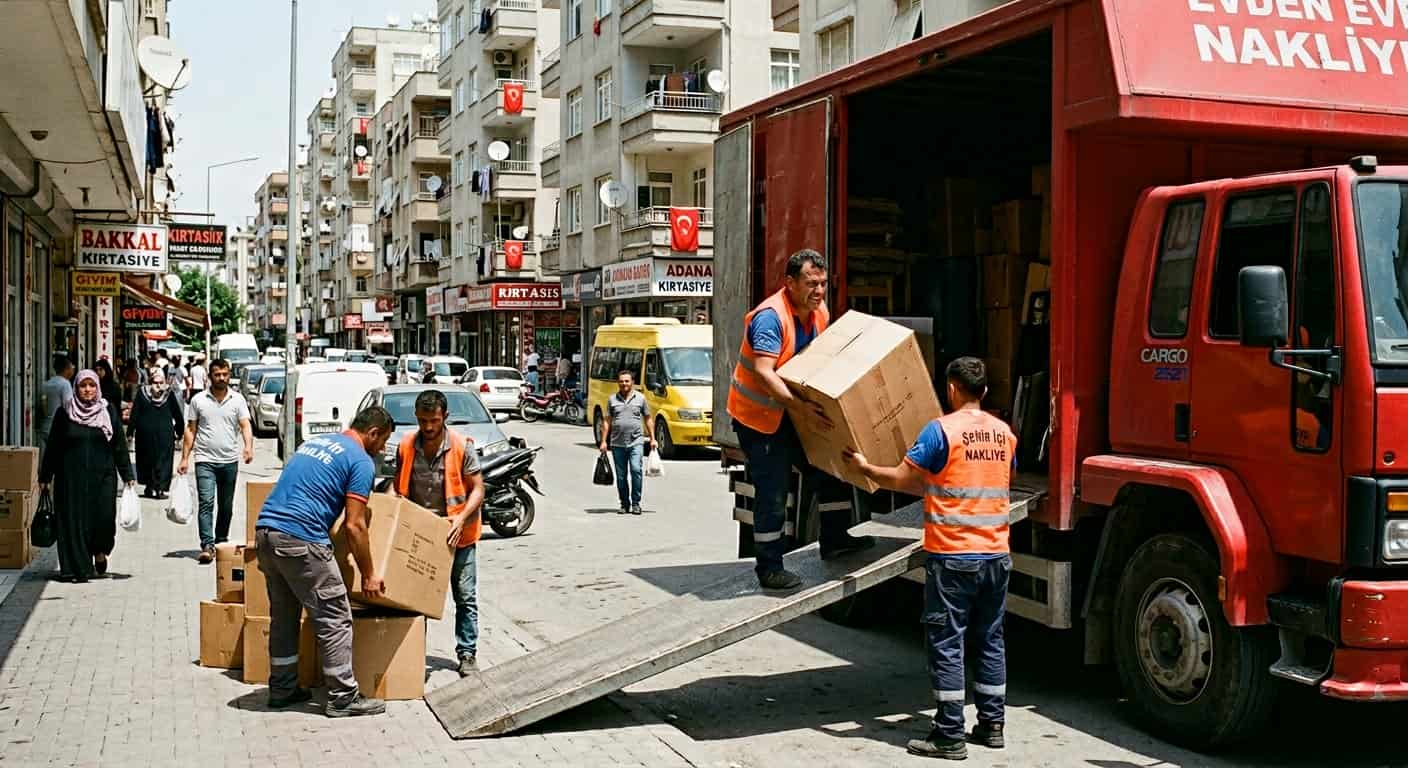 Saray Evden Eve Nakliyat - kirmizi nakliye aracina koli yukleme