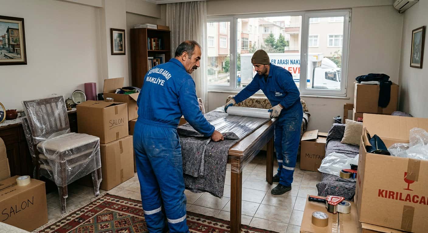 Yüksek Kat Taşımacılığı kapsamında salonda masa paketleyen profesyonel nakliyeciler