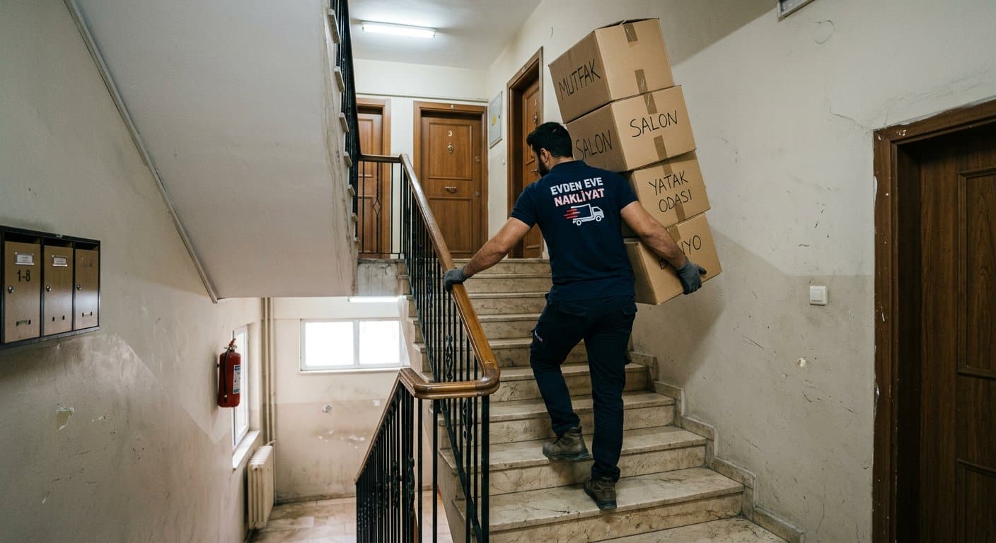 Edirne Evden Eve Nakliyat kapsamında uzun paketli esyayi merdivenden indirme